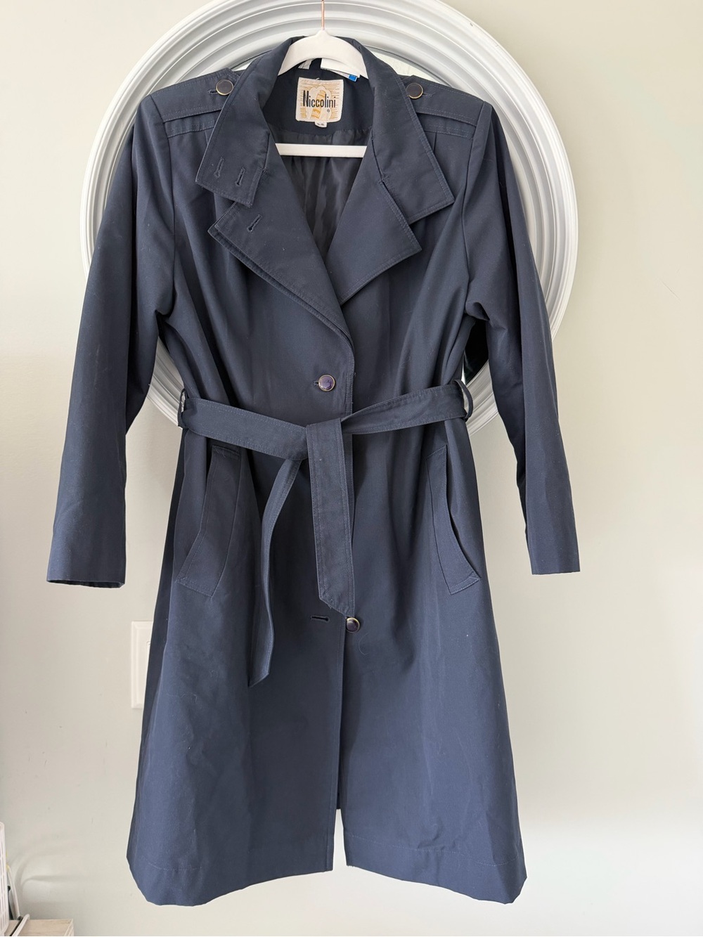 Vintage Niccolini Navy Blue Belted Trench Coat Classic Rain Jacket